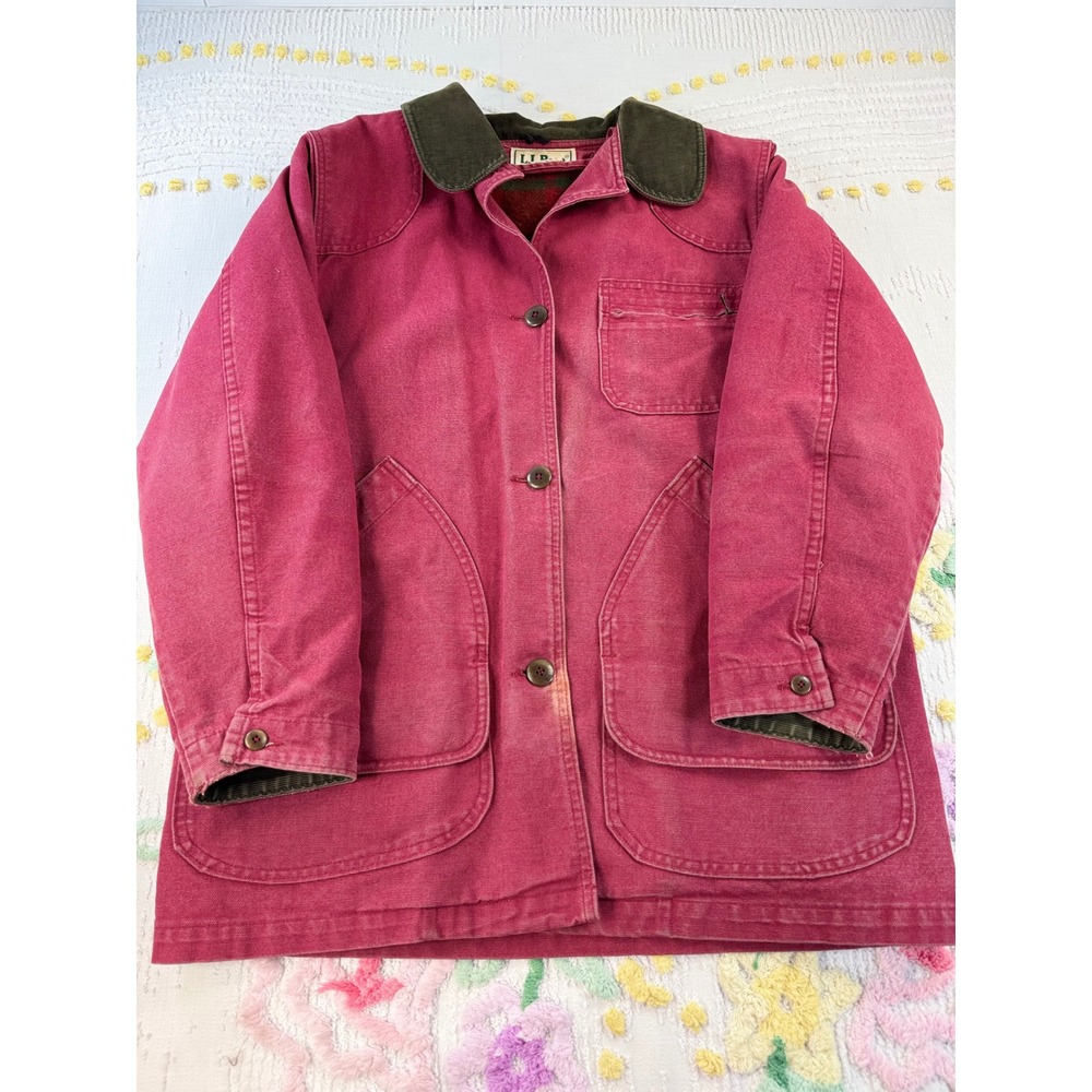 Vintage LL Bean Field Coat Womens Large Red Canvas Barn‎ Jacket Plaid Lined R658